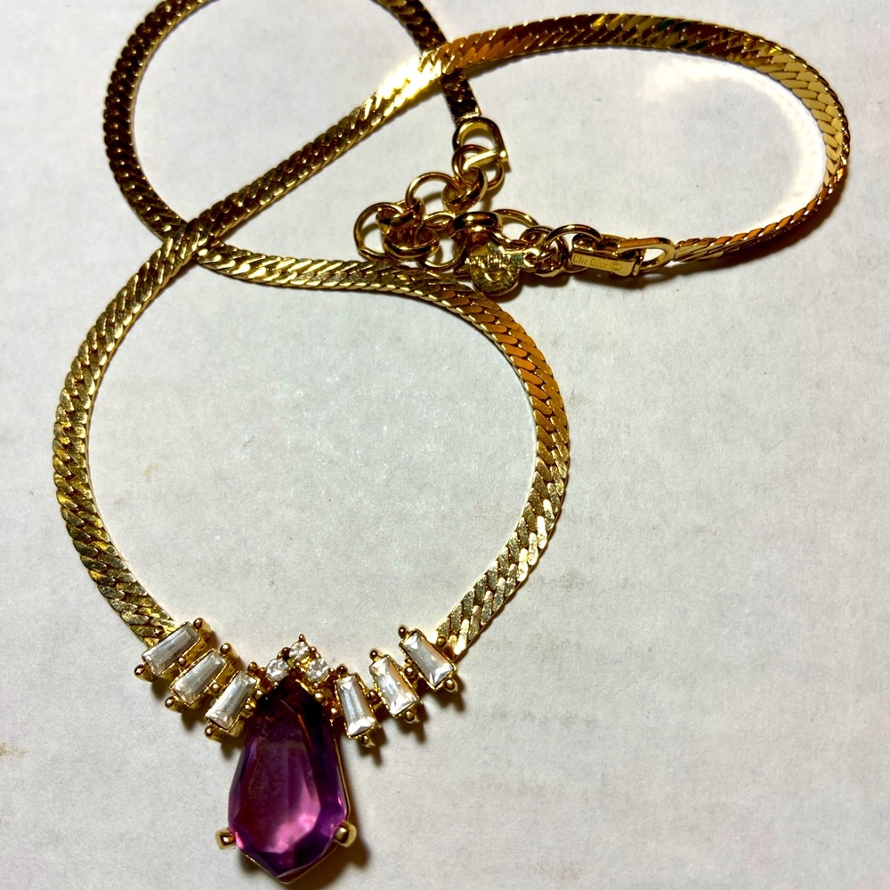 Christian Dior Purple Amethyst/Clear Rhinestone Flat Gold Chain Necklace Logo - Picture 3 of 8